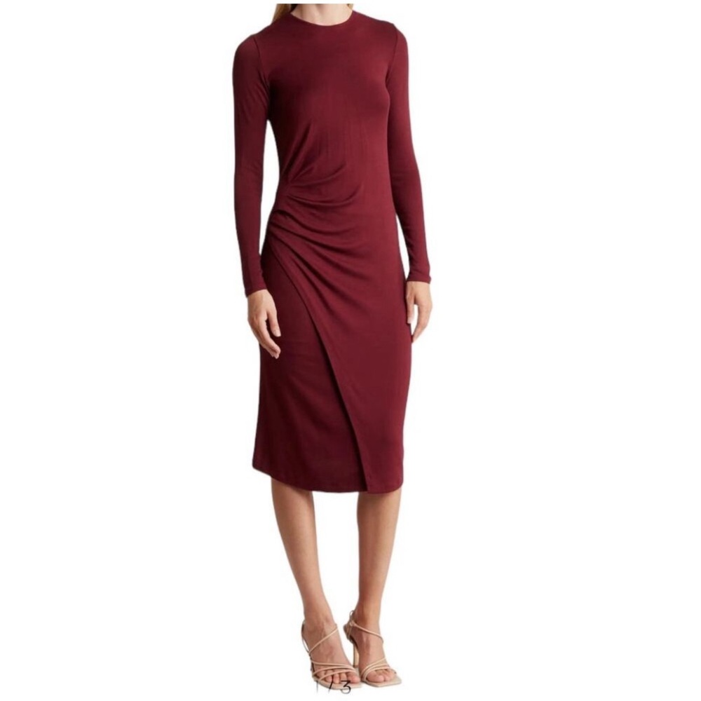 New! VINCE dress Gathered Long Sleeve Midi Dress in Burgundy Sz Medium $295
